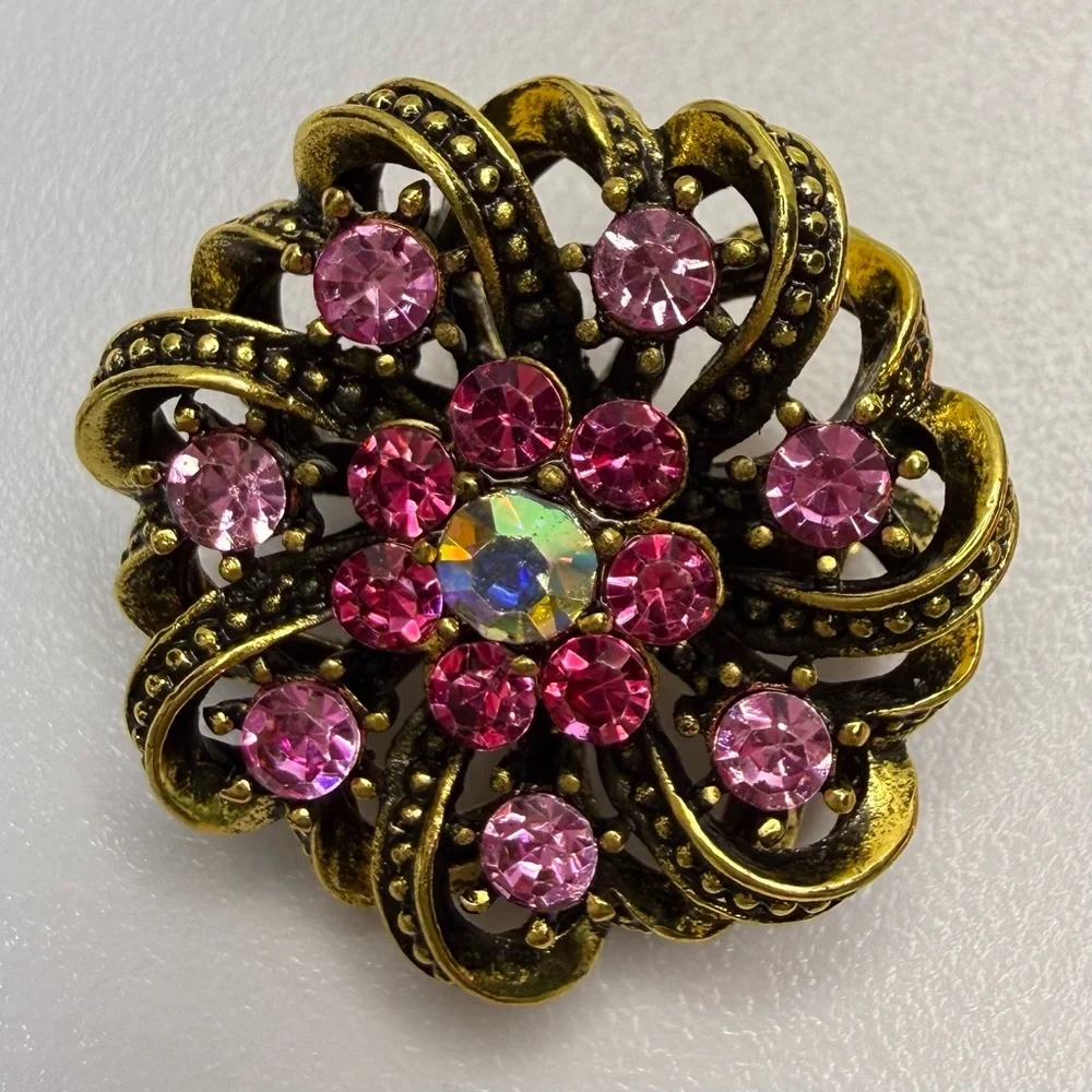 Vintage-Style Pink Crystal Floral Brooch NWOT